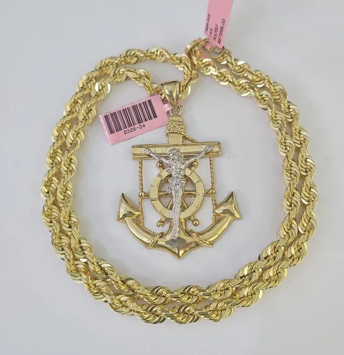 Gold and Diamond Real 14k Solid Rope Chain Jesus Anchor Charm Set 6mm 1830 Necklace Gold Necklaces Gold and Diamond Real 14k Solid Rope Chain Jesus Anchor Charm Set 6mm 1830 Necklace Gold Necklaces