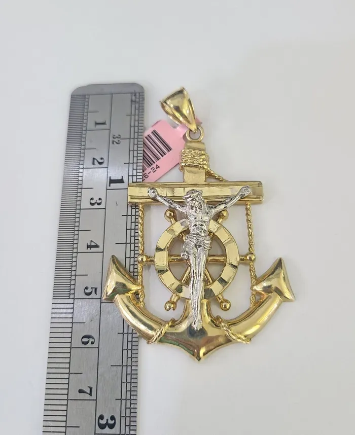 Gold and Diamond Real 14k Solid Rope Chain Jesus Anchor Charm Set 6mm 1830 Necklace Gold Necklaces