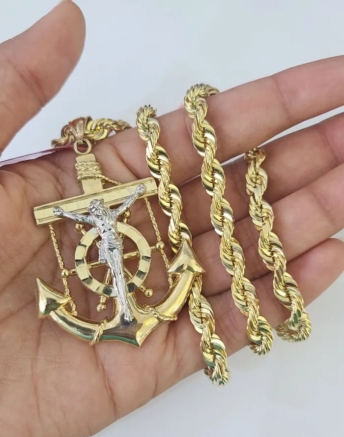 Gold and Diamond Real 14k Solid Rope Chain Jesus Anchor Charm Set 6mm 1830 Necklace Gold Necklaces