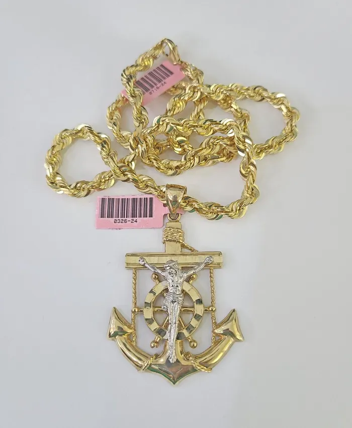 Gold and Diamond Real 14k Solid Rope Chain Jesus Anchor Charm Set 6mm 1830 Necklace Gold Necklaces
