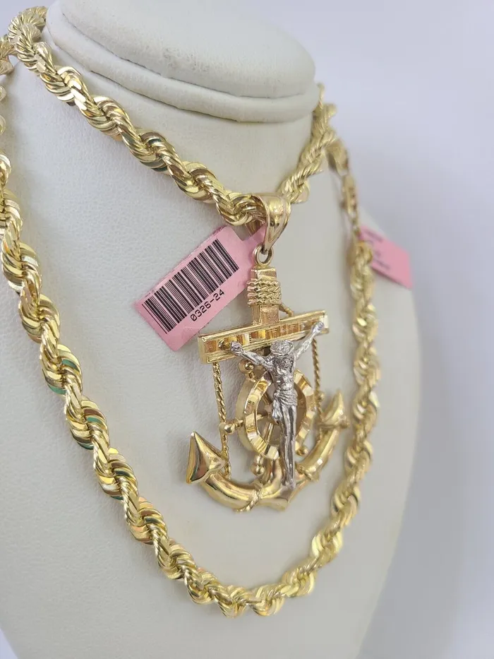 Gold and Diamond Real 14k Solid Rope Chain Jesus Anchor Charm Set 6mm 1830 Necklace Gold Necklaces