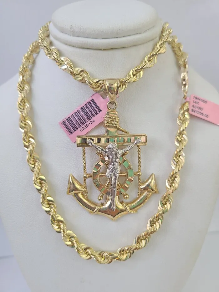 Gold and Diamond Real 14k Solid Rope Chain Jesus Anchor Charm Set 6mm 1830 Necklace Gold Necklaces