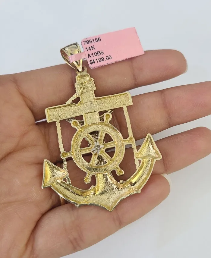 Gold and Diamond Real 14k Solid Rope Chain Jesus Anchor Charm Set 6mm 1830 Necklace Gold Necklaces
