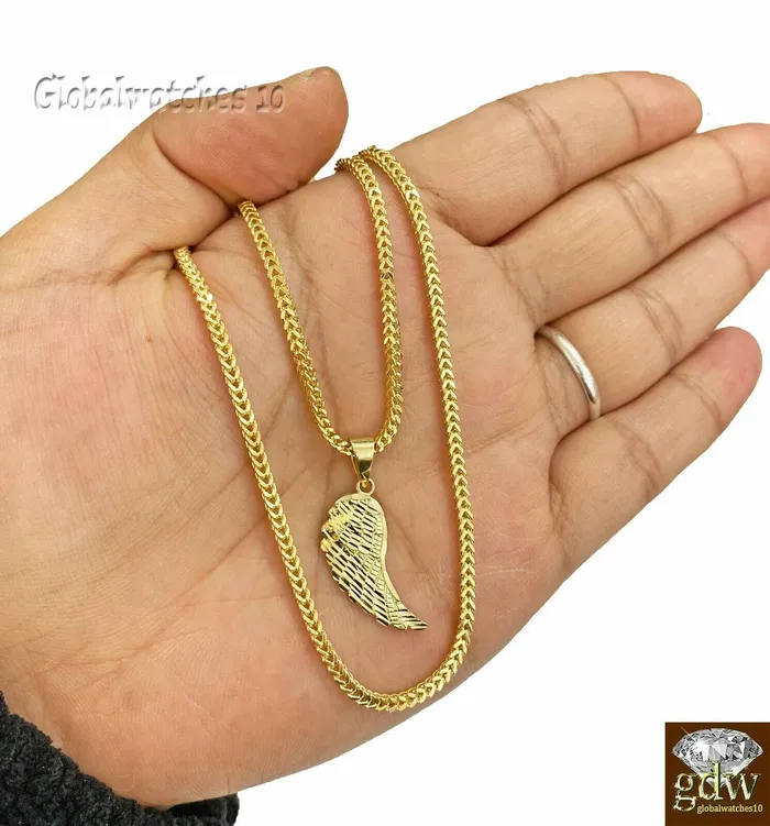 PreStyled Sets Gold and Diamond 10k Gold Wing Charm Pendant with Franco Chain 20 22 24 Real 10k Gold PreStyled Sets Gold and Diamond 10k Gold Wing Charm Pendant with Franco Chain 20 22 24 Real 10k Gold