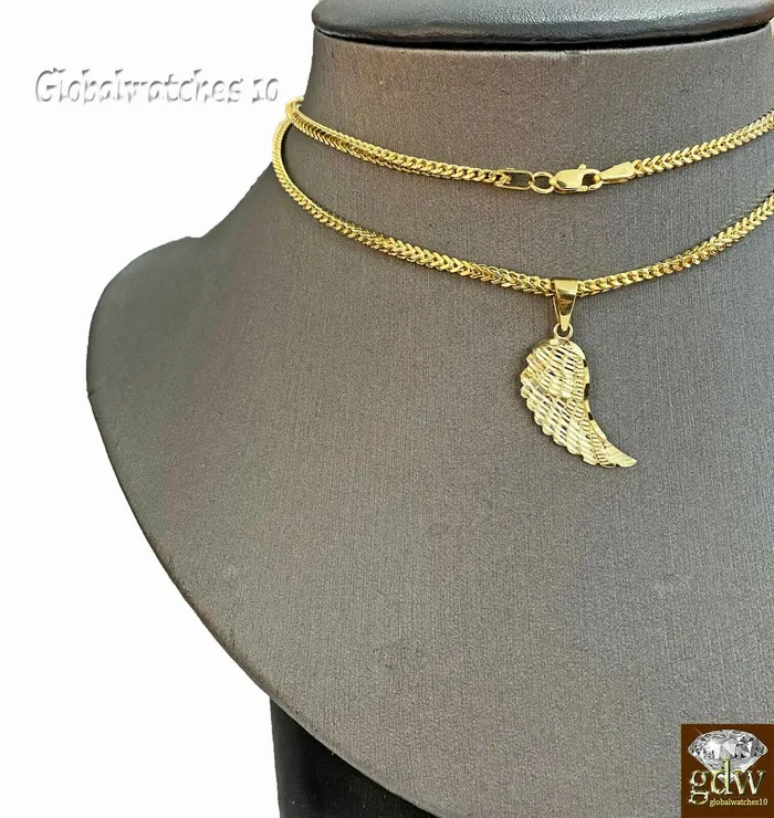 PreStyled Sets Gold and Diamond 10k Gold Wing Charm Pendant with Franco Chain 20 22 24 Real 10k Gold