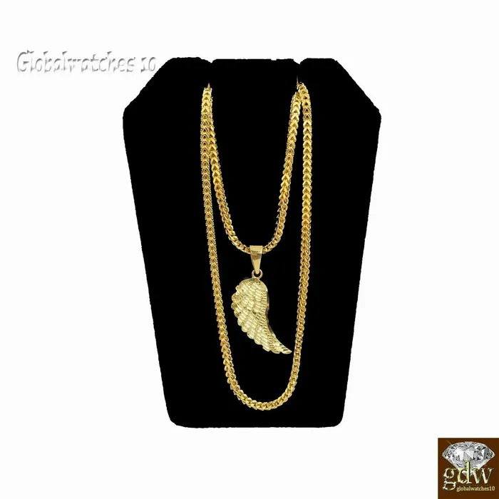 PreStyled Sets Gold and Diamond 10k Gold Wing Charm Pendant with Franco Chain 20 22 24 Real 10k Gold