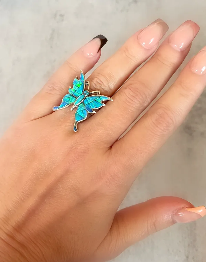 SophiaRene Boutique Rings Sterling Silver Opal Inlay Handmade Artisan Butterfly Ring SophiaRene Boutique Rings Sterling Silver Opal Inlay Handmade Artisan Butterfly Ring