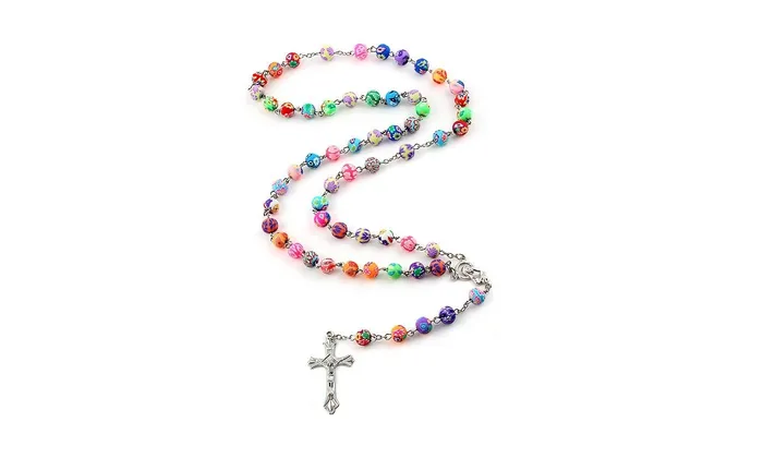 8mm Colorful Polymer Clay Bead Rosary Alloy Cross Virgin Mary Centrepieces Christian Catholic Religious Pendant Necklace sparklingselections Necklaces 8mm Colorful Polymer Clay Bead Rosary Alloy Cross Virgin Mary Centrepieces Christian Catholic Religious Pendant Necklace sparklingselections Necklaces
