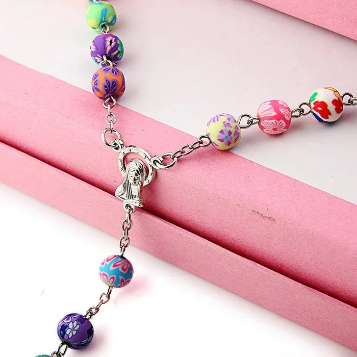 8mm Colorful Polymer Clay Bead Rosary Alloy Cross Virgin Mary Centrepieces Christian Catholic Religious Pendant Necklace sparklingselections Necklaces