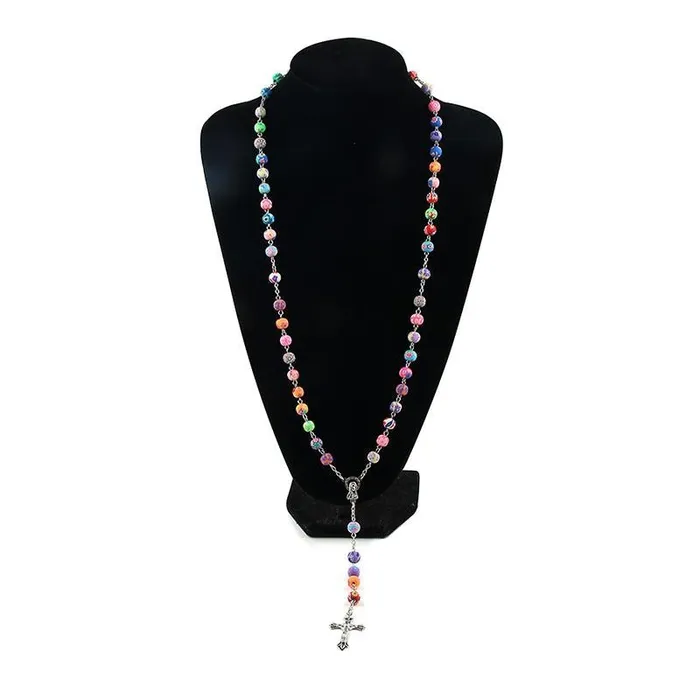 8mm Colorful Polymer Clay Bead Rosary Alloy Cross Virgin Mary Centrepieces Christian Catholic Religious Pendant Necklace sparklingselections Necklaces