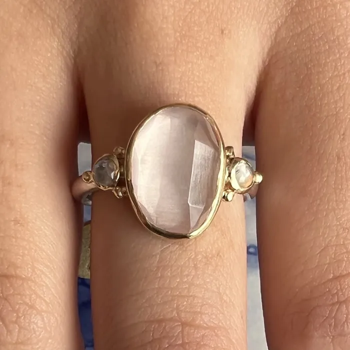 Emily Amey Jewelry Rose Quartz and Moonstones ring in 14k gold and sterling silver Rings