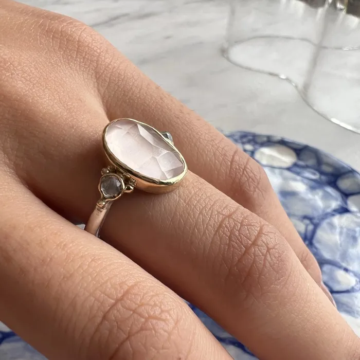 Emily Amey Jewelry Rose Quartz and Moonstones ring in 14k gold and sterling silver Rings