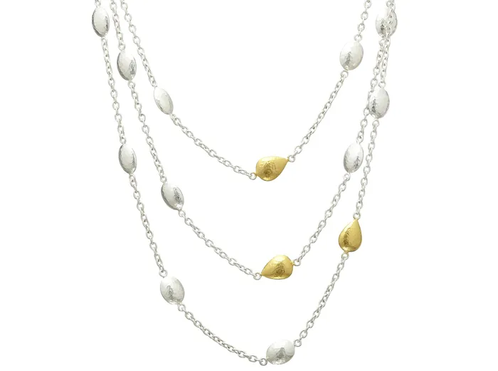 GG SILVER CLR Necklaces GURHAN Spell Sterling Silver Station Long Necklace Puffed Oval and Teardrop Beads on Light Chain Gold Accents GG SILVER CLR Necklaces GURHAN Spell Sterling Silver Station Long Necklace Puffed Oval and Teardrop Beads on Light Chain Gold Accents