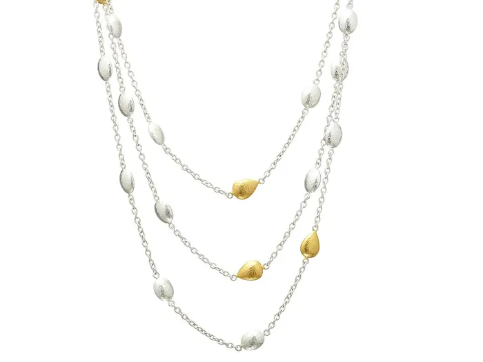 GG SILVER CLR Necklaces GURHAN Spell Sterling Silver Station Long Necklace Puffed Oval and Teardrop Beads on Light Chain Gold Accents GG SILVER CLR Necklaces GURHAN Spell Sterling Silver Station Long Necklace Puffed Oval and Teardrop Beads on Light Chain Gold Accents