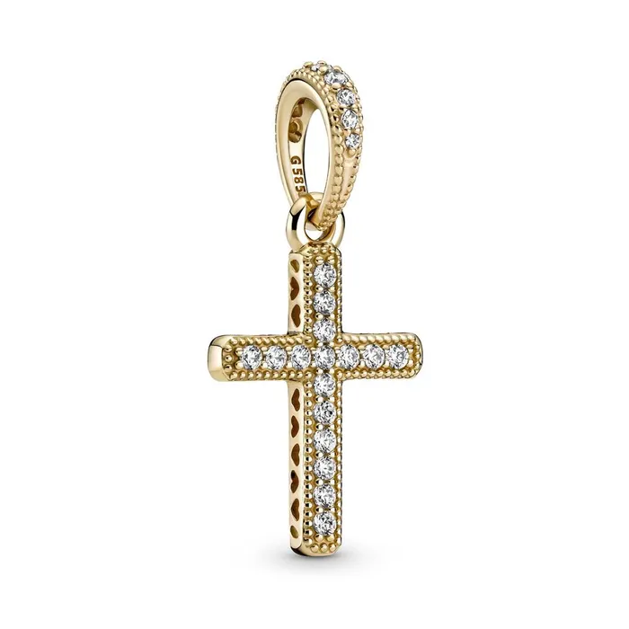 Pandora 14k Gold Sparkling Cross Dangle Pendant Charm Pandora Charm Necklaces