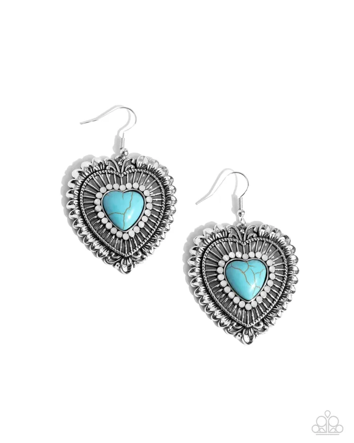 Antiqued Advocate Blue Turquoise Heart Earrings Jewelry by Bretta Paparazzi Accessories Earrings
