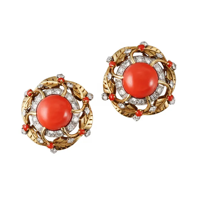 Earrings 1950s Coral Diamond Gold Earrings Not Signed