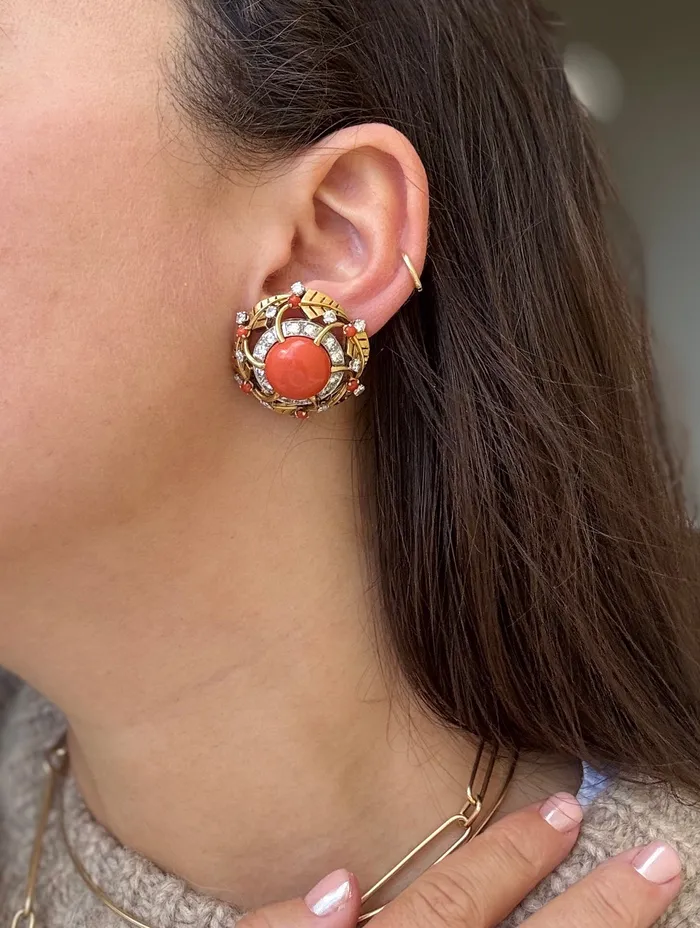 Earrings 1950s Coral Diamond Gold Earrings Not Signed