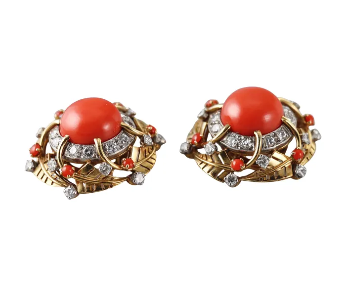 Earrings 1950s Coral Diamond Gold Earrings Not Signed
