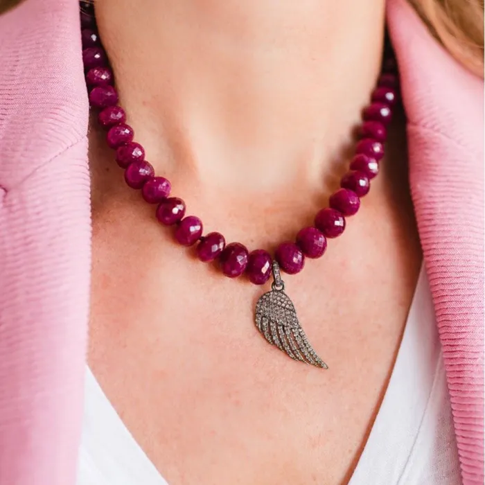 Faceted Ruby Necklace with Diamond Paved Angel Charm Kamo by Kary Brittingham Necklaces Faceted Ruby Necklace with Diamond Paved Angel Charm Kamo by Kary Brittingham Necklaces