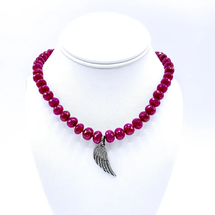 Faceted Ruby Necklace with Diamond Paved Angel Charm Kamo by Kary Brittingham Necklaces