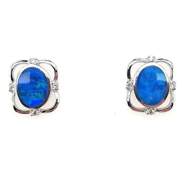 Australian Opal Doublet Earrings set in 925 Sterling Silver with Cubic Zirconia Australian Opal Cutters Earrings Australian Opal Doublet Earrings set in 925 Sterling Silver with Cubic Zirconia Australian Opal Cutters Earrings