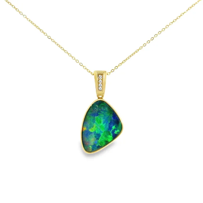 Australian Opal Doublet Pendant set in 14K Yellow Gold Australian Opal Cutters PreStyled Sets Australian Opal Doublet Pendant set in 14K Yellow Gold Australian Opal Cutters PreStyled Sets