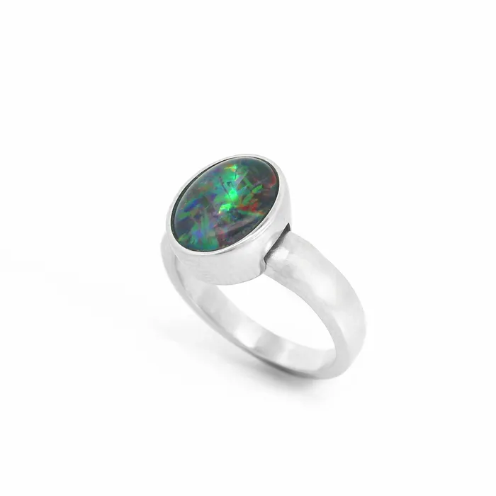 Australian Triplet Opal 10 x 14 mm Resizable Ring Set in Sterling Silver Australian Opal Cutters Rings Australian Triplet Opal 10 x 14 mm Resizable Ring Set in Sterling Silver Australian Opal Cutters Rings