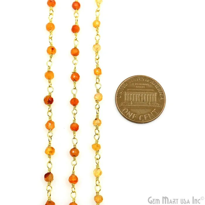 Carnelian Faceted Bead 253mm Gold Wire Wrapped Gemstone Beads Rosary Chain GemMartUSA PreStyled Sets