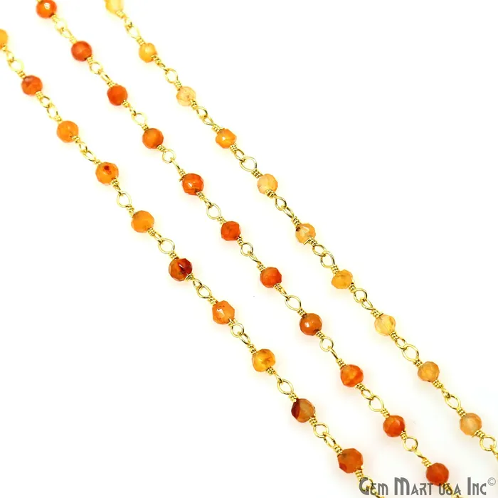 Carnelian Faceted Bead 253mm Gold Wire Wrapped Gemstone Beads Rosary Chain GemMartUSA PreStyled Sets