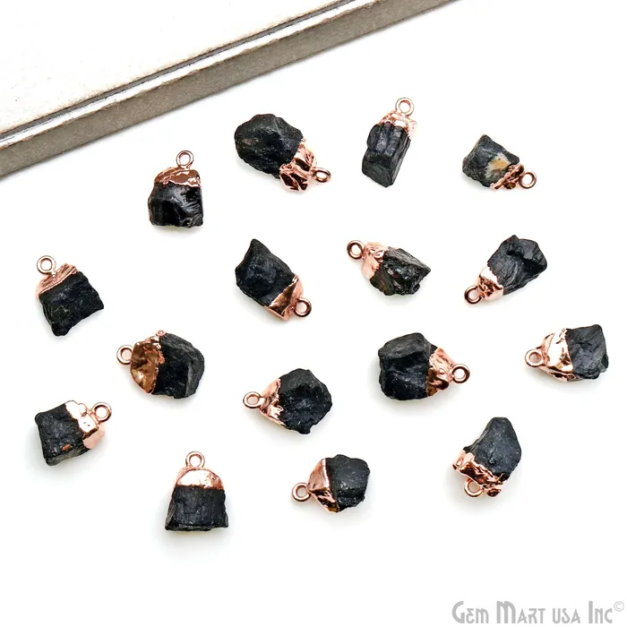 GemMartUSA Charm Necklaces Rough Black Tourmaline Gemstone 15x10mm Organic Rose Gold Edged Single Bail Connector Charm