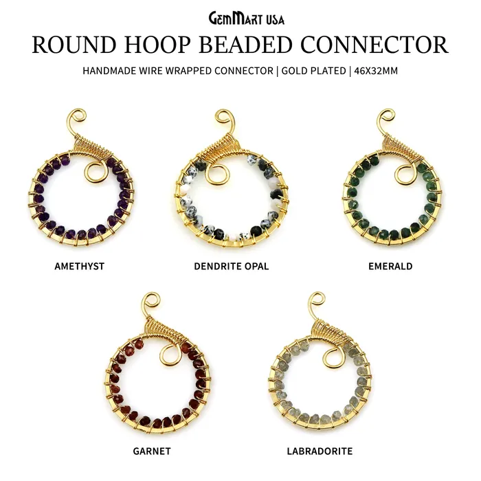 GemMartUSA Earrings Round Hoop Beaded 46x32mm Gold Wire Wrapped Hoop Connector GemMartUSA Earrings Round Hoop Beaded 46x32mm Gold Wire Wrapped Hoop Connector