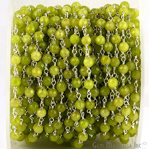GemMartUSA Necklaces Light Green Jade Beads Silver Plated Wire Wrapped Rosary Chain GemMartUSA Necklaces Light Green Jade Beads Silver Plated Wire Wrapped Rosary Chain