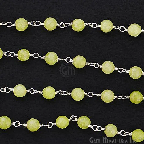 GemMartUSA Necklaces Light Green Jade Beads Silver Plated Wire Wrapped Rosary Chain