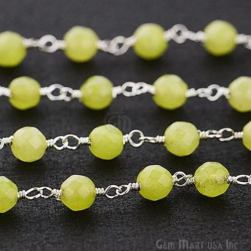 GemMartUSA Necklaces Light Green Jade Beads Silver Plated Wire Wrapped Rosary Chain