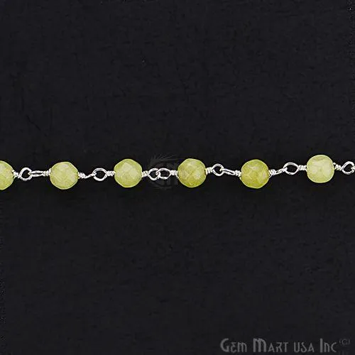 GemMartUSA Necklaces Light Green Jade Beads Silver Plated Wire Wrapped Rosary Chain