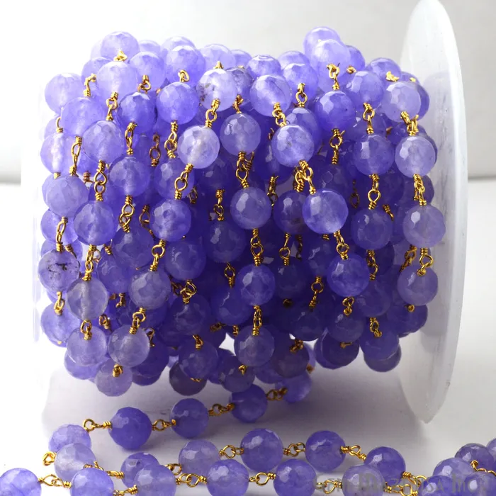 GemmartUSA Necklaces Light Lavender Jade 8mm Beads Gold Plated Wire Wrapped Rosary Chain GemmartUSA Necklaces Light Lavender Jade 8mm Beads Gold Plated Wire Wrapped Rosary Chain