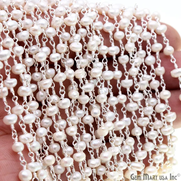 GemMartUSA Necklaces Pearl Organic Beads Silver Wire Wrapped Rosary Chain GemMartUSA Necklaces Pearl Organic Beads Silver Wire Wrapped Rosary Chain