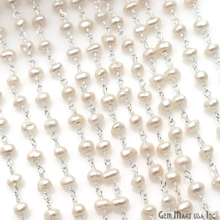 GemMartUSA Necklaces Pearl Organic Beads Silver Wire Wrapped Rosary Chain GemMartUSA Necklaces Pearl Organic Beads Silver Wire Wrapped Rosary Chain
