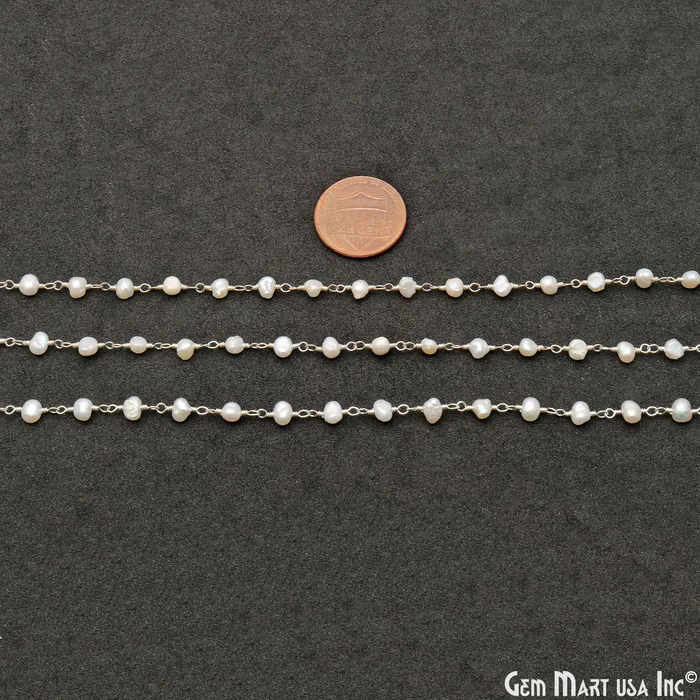 GemMartUSA Necklaces Pearl Organic Beads Silver Wire Wrapped Rosary Chain GemMartUSA Necklaces Pearl Organic Beads Silver Wire Wrapped Rosary Chain