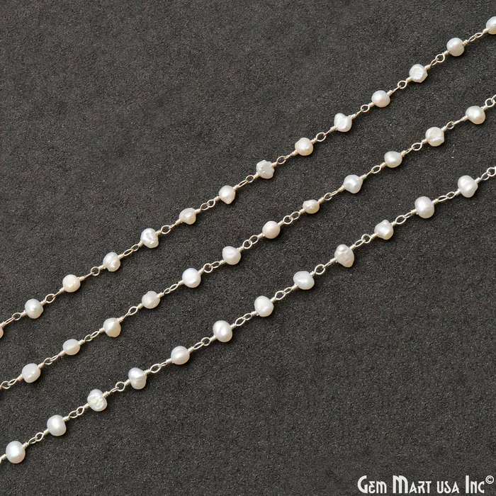 GemMartUSA Necklaces Pearl Organic Beads Silver Wire Wrapped Rosary Chain GemMartUSA Necklaces Pearl Organic Beads Silver Wire Wrapped Rosary Chain