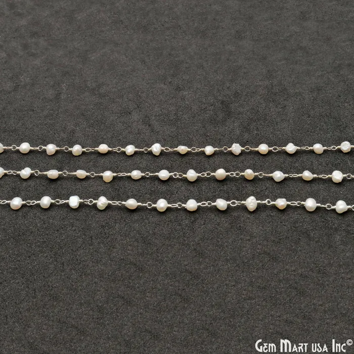 GemMartUSA Necklaces Pearl Organic Beads Silver Wire Wrapped Rosary Chain GemMartUSA Necklaces Pearl Organic Beads Silver Wire Wrapped Rosary Chain