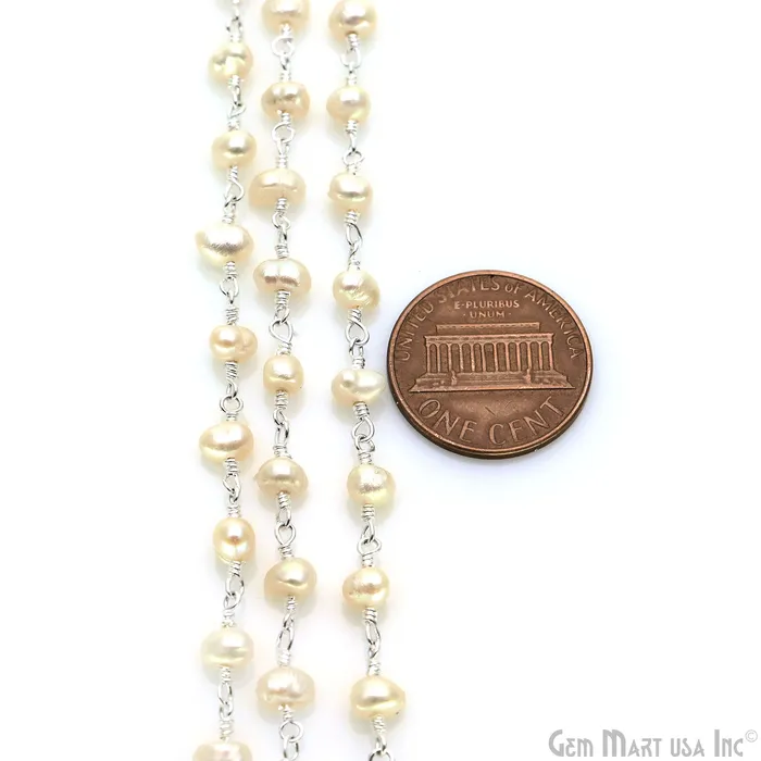 GemMartUSA Necklaces Pearl Organic Beads Silver Wire Wrapped Rosary Chain GemMartUSA Necklaces Pearl Organic Beads Silver Wire Wrapped Rosary Chain