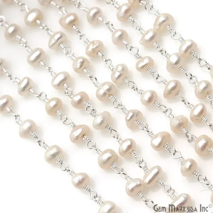 GemMartUSA Necklaces Pearl Organic Beads Silver Wire Wrapped Rosary Chain GemMartUSA Necklaces Pearl Organic Beads Silver Wire Wrapped Rosary Chain