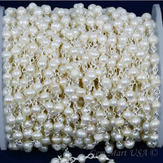 GemMartUSA Necklaces Pearl Sterling Silver Wire Wrapped Beads Rosary Chain GemMartUSA Necklaces Pearl Sterling Silver Wire Wrapped Beads Rosary Chain