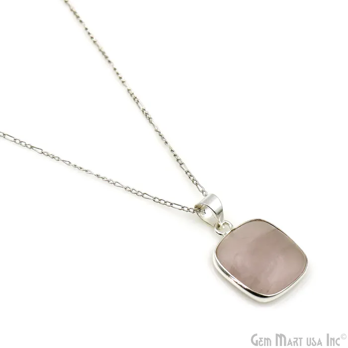 GemMartUSA Necklaces Rose Quartz Gemstone Rectangle 25x19mm Sterling Silver Necklace Pendant 1PC