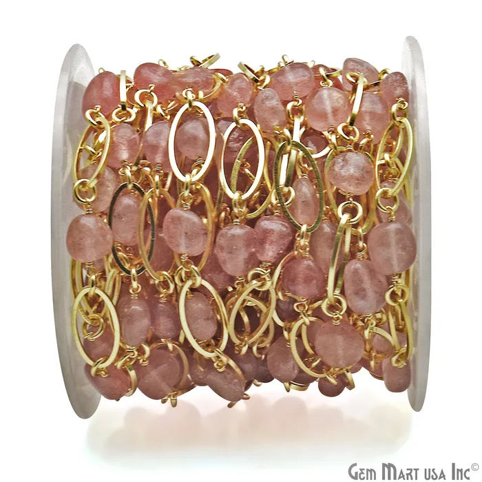 GemMartUSA Necklaces Strawberry Quartz With Gold Plated Oval Finding Rosary Chain
