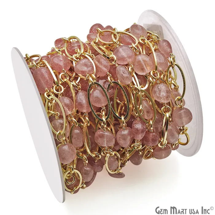 GemMartUSA Necklaces Strawberry Quartz With Gold Plated Oval Finding Rosary Chain GemMartUSA Necklaces Strawberry Quartz With Gold Plated Oval Finding Rosary Chain
