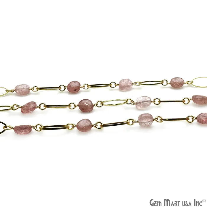 GemMartUSA Necklaces Strawberry Quartz With Gold Plated Oval Finding Rosary Chain GemMartUSA Necklaces Strawberry Quartz With Gold Plated Oval Finding Rosary Chain