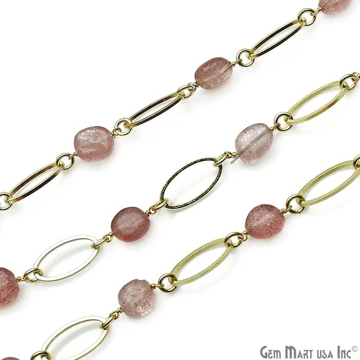 GemMartUSA Necklaces Strawberry Quartz With Gold Plated Oval Finding Rosary Chain GemMartUSA Necklaces Strawberry Quartz With Gold Plated Oval Finding Rosary Chain